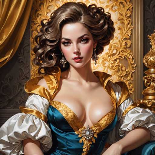 The image depicts a woman with long brown hair wearing a blue dress and gold accents. She is seated on a chair against a backdrop of a yellow curtain and a gold-framed wall. The woman's gaze is directed towards the camera, creating an engaging visual narrative.