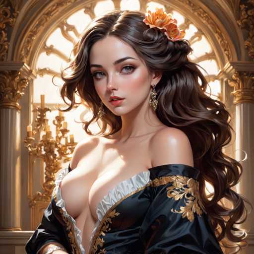 The image depicts a woman with long brown hair wearing a black dress adorned with gold embroidery and a large flower on her head. She is positioned in front of an ornate window that features intricate carvings and gold accents. The background is a warm yellow color, which contrasts with the dark tones of the woman's dress and highlights her figure.
