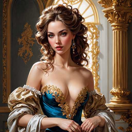 A woman with long brown hair and a gold dress stands in front of a window adorned with gold accents, wearing earrings that catch the light.