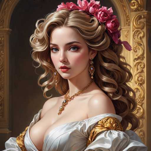 The image depicts a woman with blonde hair wearing a white dress and a gold necklace with pink flowers. She is looking directly at the camera with an expression of concentration or contemplation. The background features a gold frame that adds to the overall elegance of the scene.