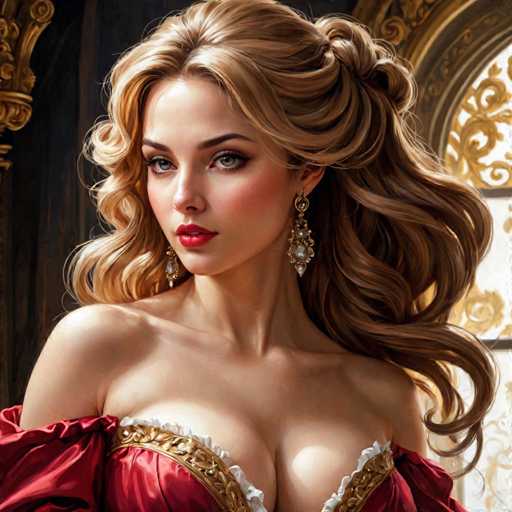 The image depicts a woman with blonde hair wearing a red dress and gold earrings. She is looking directly at the camera with an expression of concentration or contemplation. The background features a window adorned with gold decorations that adds to the overall opulence of the scene.