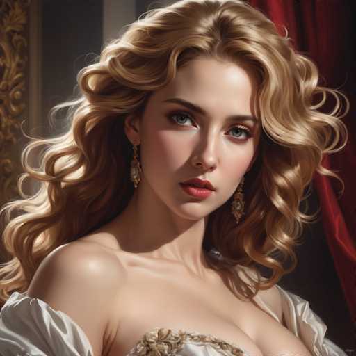 The image shows a close-up portrait of a woman with blonde hair styled in loose curls and wearing gold earrings. The background is blurred, suggesting the focus is on the woman's face and upper body.