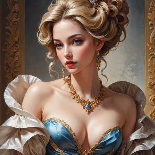 The image depicts a woman with blonde hair wearing a blue dress and gold jewelry. She is looking directly at the camera with an expression of concentration or contemplation. The background features a gold-colored wall adorned with intricate designs, adding to the overall elegance of the scene.