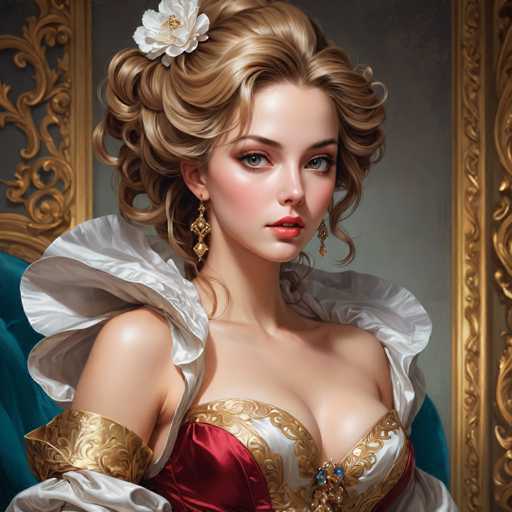 The image depicts a woman with blonde hair wearing a red and gold dress adorned with a white flower on her head. She is seated in front of a gold-framed mirror, which adds an air of elegance to the scene. The background features a dark blue wall with gold accents, creating a luxurious atmosphere that complements the woman's attire.
