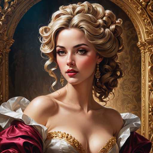 The image depicts a woman with blonde hair styled in loose curls and wearing a white dress adorned with gold accents. She is positioned against a dark background that includes an ornate gold frame on the left side of her head and a gold-colored wall on the right side. The woman's gaze is directed towards the camera, creating a sense of connection between the viewer and the subject.