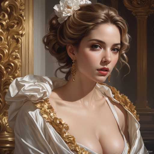 The image depicts a woman with blonde hair wearing a white dress and gold earrings. She is positioned against a backdrop of a gold-framed window, suggesting an indoor setting or a room with ornate decorations. The woman's gaze is directed towards the camera, creating a sense of connection between her and the viewer.