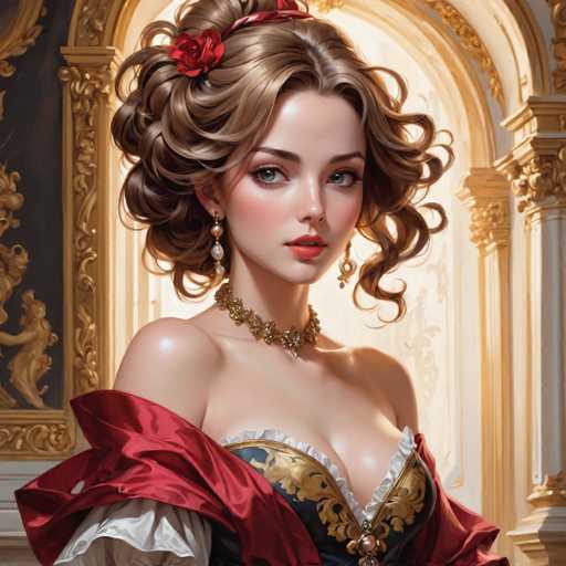 The image depicts a woman with long brown hair wearing a red rose in her hair and a gold necklace around her neck. She is dressed in a red and white dress with a ruffled collar and cuffs, suggesting an elegant or regal style. The background features a large archway adorned with gold decorations, adding to the overall grandeur of the scene.