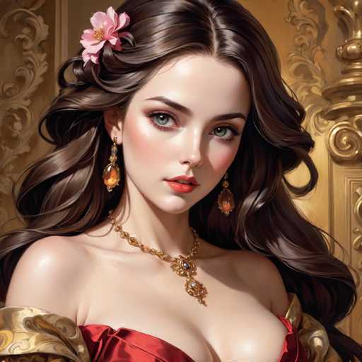 The image shows a close-up portrait of a woman with long brown hair and dark eyes. She is wearing a red dress that contrasts with her skin tone. The background features gold accents, adding an opulent touch to the scene. A pink flower adorns her hair, enhancing the overall visual appeal.