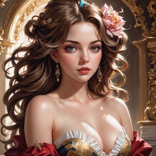 The image depicts a woman with long brown hair and a flower in her hair. She is wearing a red dress that has gold accents and a white ruffled collar. The background features an ornate archway and a gold frame.