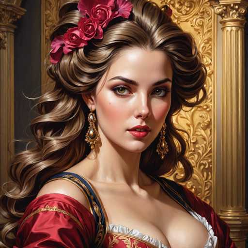 The image depicts a woman with long brown hair wearing a red dress and a large flower in her hair. She is looking directly at the camera with an expression of concentration or contemplation. The background features gold columns that add to the regal atmosphere of the scene.