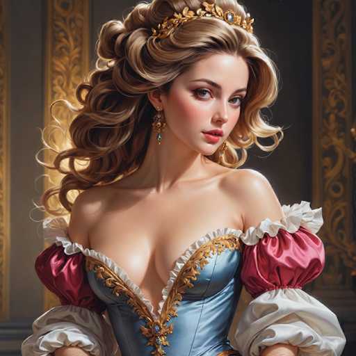 The image depicts a woman with blonde hair wearing a crown and a blue dress adorned with gold accents. She is positioned against a dark background that features ornate patterns and designs. The woman's gaze is directed straight at the camera, creating an engaging visual connection between her and the viewer.