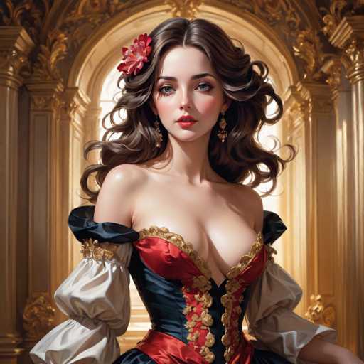 A woman with long brown hair and a red flower in her hair is the main subject of this image. She is wearing a dress that has a red and gold color scheme, which complements her outfit. The background features an archway, suggesting that she might be in a palace or a grand room.
