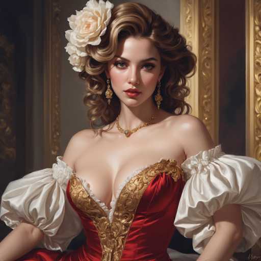 The image depicts a woman with blonde hair wearing a red dress and gold jewelry. She is seated against a white wall adorned with gold accents, suggesting an opulent setting or palace-like environment. The woman's pose and the overall composition of the image convey a sense of elegance and grace.