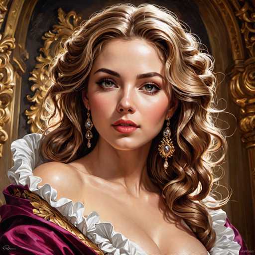 The image depicts a woman with blonde hair wearing a red dress and gold earrings. She is looking directly at the camera with an expression of concentration or contemplation. The background features ornate gold decorations that add to the regal atmosphere of the scene.