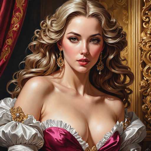 The image depicts a woman with blonde hair wearing a red dress and gold earrings. She is looking directly at the camera with an expression of surprise or curiosity. The background features a gold-colored curtain that adds to the regal atmosphere of the scene.