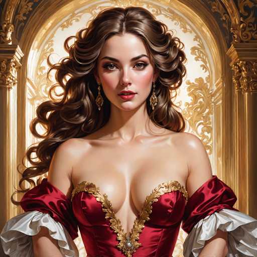 The image depicts a woman with long brown hair wearing a red dress and gold earrings. She is standing against a backdrop of an ornate archway or doorway, which appears to be made of gold and decorated with intricate designs. The woman's gaze is directed straight at the camera, creating a sense of connection between her and the viewer.