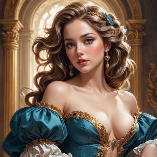 A woman with long blonde hair and a blue dress is the central figure in this digital illustration. She has her hair styled in loose waves and wears a gold headband adorned with a single flower on top of it. The background features an archway leading to a room filled with gold accents, suggesting a luxurious or opulent setting.