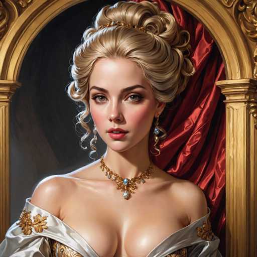 The image depicts a woman with blonde hair wearing a white dress and gold jewelry, including a necklace and earrings. The background features a red curtain framed by an archway, suggesting the setting could be a room or a doorway.