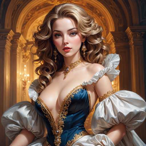 The image depicts a woman with blonde hair wearing a blue dress and gold jewelry. She is standing against a backdrop of an ornate archway, which suggests the setting could be a palace or a grand hall. The woman's pose and attire give off a regal and elegant vibe.