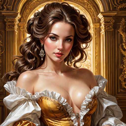 The image depicts a woman with long brown hair wearing a gold dress and earrings. She is standing against a backdrop of an ornate archway or doorway, suggesting a grand setting such as a palace or castle. The woman's pose and attire give the impression that she is in a royal or high-ranking position within the depicted scene.

The style of the image can be described as realistic art, with attention to detail and accuracy in portraying the subject matter.