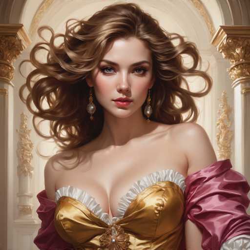 A woman with long brown hair and gold earrings is the central figure in a painting that depicts an ornate room with white columns and arches. The background features a large window adorned with gold curtains, adding to the opulence of the scene.