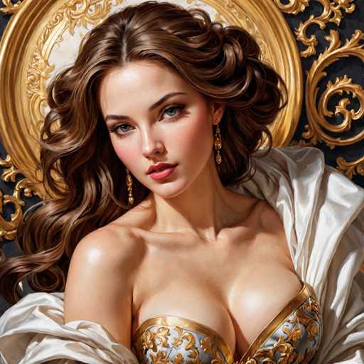 The image depicts a woman with long brown hair wearing a gold and white dress. She is positioned against a black background adorned with gold accents, creating an elegant and regal atmosphere. The woman's gaze is directed straight at the camera, giving her a commanding presence.