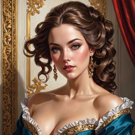 The image depicts a woman with long brown hair wearing a blue dress and gold earrings. She is looking directly at the camera with a serious expression on her face. The background features a red curtain and a white wall adorned with gold accents.