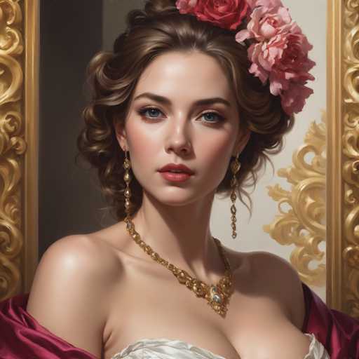 The image depicts a woman with long brown hair wearing a red flower crown and a gold necklace. She is looking directly at the camera with an expression of concentration or contemplation. The background features a gold frame that adds to the overall elegance of the scene.