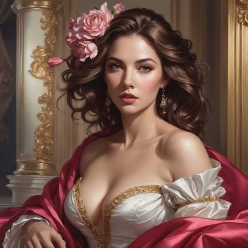 A woman with long brown hair is seated on a red chair wearing a white dress and gold earrings. She has a pink flower in her hair and the background features a gold-colored wall with a decorative archway.