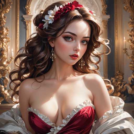 The image depicts a woman with long brown hair wearing a red dress and a white flower crown on her head. She is standing against a backdrop of gold and white, which includes an ornate archway in the background. The woman's gaze is directed straight at the camera, creating a sense of connection between the viewer and the subject.