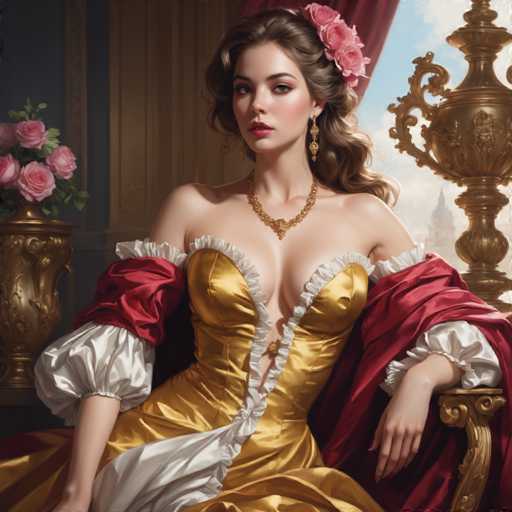 The image depicts a woman wearing a gold and white dress with a red collar and sleeves, sitting on a chair with her legs crossed. She is wearing a pink flower in her hair and has a gold necklace around her neck. The background features a large window with curtains and a vase of flowers placed behind the woman.
