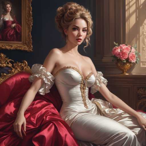 The image depicts a woman wearing an elegant white dress with gold accents and a corset, sitting on a red couch against a blue wall. The room is adorned with a large painting of a woman in a similar outfit, suggesting the presence of a historical or artistic context to the scene.
