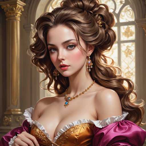 The image depicts a woman with long brown hair wearing a gold necklace and earrings. She is dressed in a purple dress with white ruffles, suggesting an elegant or regal style. The background features a window adorned with gold decorations, adding to the overall luxurious atmosphere of the scene.