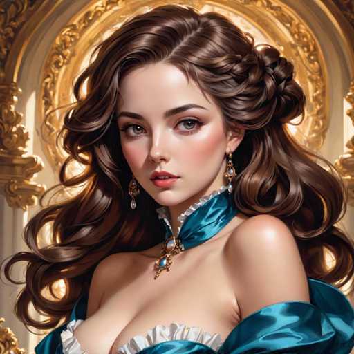 The image depicts a woman with long brown hair wearing a blue dress and gold earrings. She is looking directly at the camera with an expression of surprise or curiosity. The background features a gold archway that adds to the regal atmosphere of the scene.