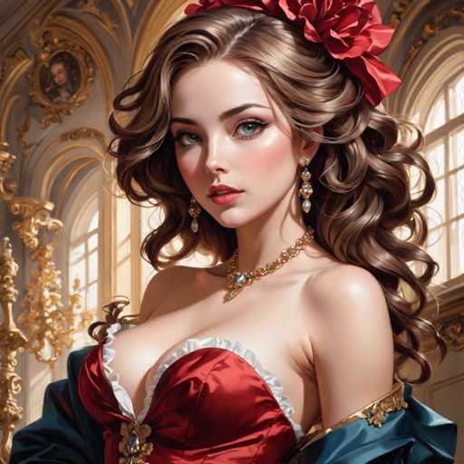 The image depicts a woman with long brown hair wearing a red headband and earrings. She is dressed in a red dress that has a gold brooch on the shoulder. The background features an ornate window with gold trim, suggesting a luxurious setting or palace-like environment.