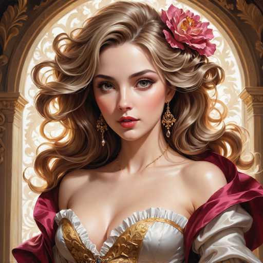 The image depicts a woman with blonde hair wearing a white dress and gold earrings. She is looking directly at the camera with an expression of concentration or contemplation. The background features a window adorned with ornate decorations, suggesting that the scene takes place in a grand or luxurious setting.