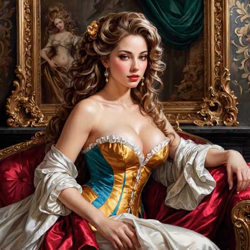 The image depicts a woman with long blonde hair wearing a corset and a white dress, seated on a red couch against a black background. The painting is executed in the Baroque style, characterized by dramatic lighting and intense emotions.