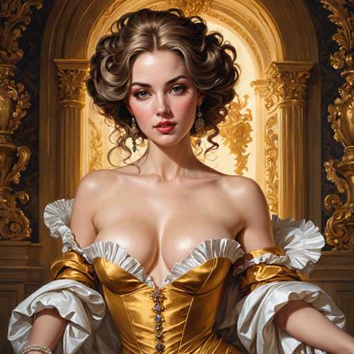 A woman with long brown hair and a red nose is depicted wearing a gold dress with white sleeves and a corset. She has her arms crossed over her chest and is looking directly at the camera. The background features an ornate archway adorned with gold accents, suggesting a grand or royal setting.