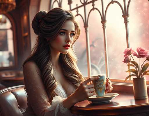 A woman with long brown hair is sitting at a table near a window, holding a cup of coffee and looking out the window.