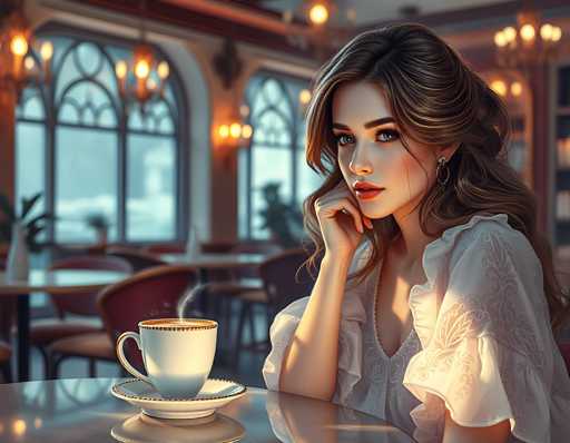 A woman with long brown hair is seated at a table in a restaurant, wearing a white dress and holding a cup of coffee. The background features large windows that allow natural light to illuminate the space, creating an inviting atmosphere.