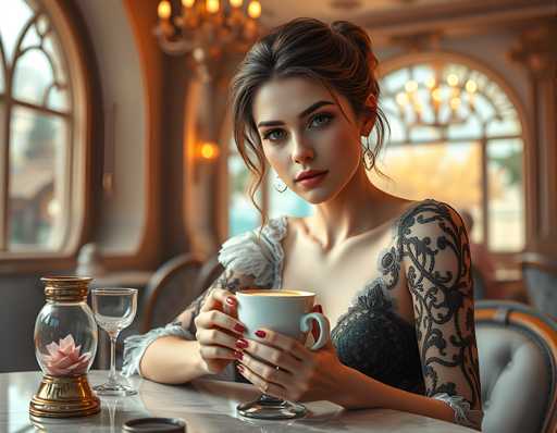 A woman with long brown hair is seated at a table in a restaurant. She is wearing a black dress and holding a white coffee cup. The table also has two wine glasses on it.