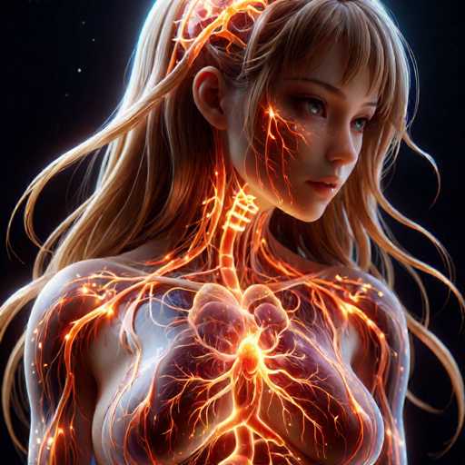 The image depicts an illustration of a woman's body with a unique and striking design. The woman has long blonde hair that cascades down her back, and the skin around her neck is covered in orange lines resembling blood vessels. The background is black, which contrasts sharply with the vibrant colors of the woman's body art. The style of the illustration is abstract, focusing on the intricate details of the human form rather than representing a realistic image.