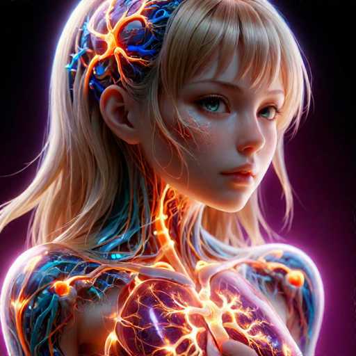 A digital illustration of a young girl with blonde hair and blue eyes wearing a headband that has orange and blue lines on it. The background is purple and the girl's face is illuminated by a bright light source in the center of her image.