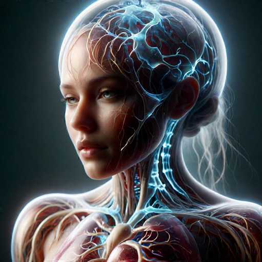 The image shows a close-up view of a woman's head and neck area. The woman has long hair that falls down her shoulders, adding a sense of movement to the scene. Her face is lit up with blue light, creating an ethereal glow around her features. The background is dark, which contrasts with the woman's vibrant appearance. The image does not contain any text or other discernible objects.