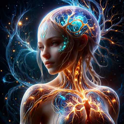 The image depicts a woman with an abstract and surreal style, featuring a blend of blue and orange colors on her face and body. The background is dark and filled with stars, creating a sense of depth and mystery. The woman's hair appears to be glowing in the light, adding to the overall surreal atmosphere.