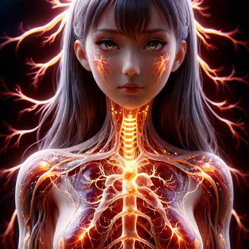 A digital illustration of a female figure with long hair and a face adorned with orange and yellow lines radiating from her chest area. The background is black, creating a stark contrast that highlights the figure's features.