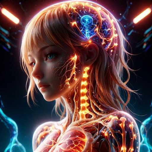 The image depicts a digital illustration of a young woman with blonde hair and blue eyes. The woman's face is adorned with orange lines that resemble blood vessels, giving her a unique and striking appearance. The background features a dark blue color, which contrasts with the woman's vibrant orange lines on her face. The woman appears to be in motion, as if she is running or walking, adding a sense of dynamism to the image.