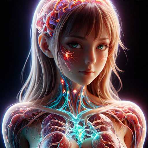 The image depicts a digital illustration of a young girl with blonde hair and blue eyes. The girl's face is the central focus, with her eyes looking directly at the camera. She has a unique style that combines elements of anime art with realism, giving her a futuristic appearance. The background is black, which contrasts with the girl's features and makes them stand out. The image does not contain any text or other objects, focusing solely on the girl and her surroundings.