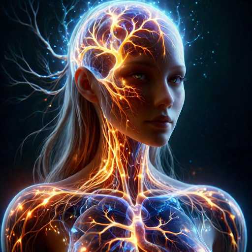 The image depicts a woman's face with a unique artistic style that combines elements of surrealism and digital art. The woman is shown from the neck down, with her hair styled in an unconventional manner. Her skin is covered in orange lines, giving it a vibrant and energetic appearance. The background is dark and blurred, creating a sense of mystery and depth to the image. The woman's face is illuminated by a bright light source, casting a glow on her features and highlighting the intricate details of her face.