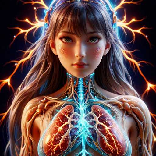 The image depicts a digital illustration of a female character with long brown hair and striking green eyes. The character's face is prominently featured against a dark background, which enhances the visual impact of her features. The character has a unique design on her neck that resembles a complex network of nerves and blood vessels, adding to the overall complexity and realism of the image.

The style of the illustration leans towards digital art, with the use of vibrant colors and intricate details in the character's face and neck design.